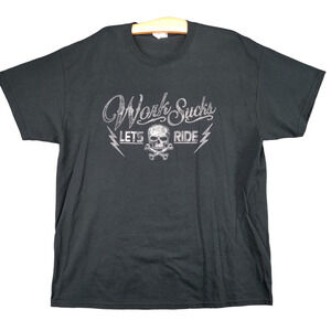 Works Sucks Men's Lets Ride Skull Print T-Shirt Black XL Crew Neck Biker